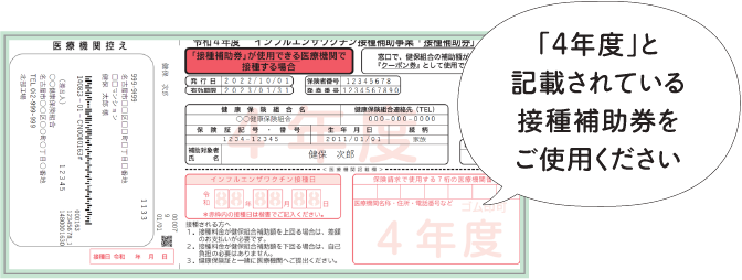 表面『接種補助券』　「4年度」と記載されている接種補助券をご使用ください