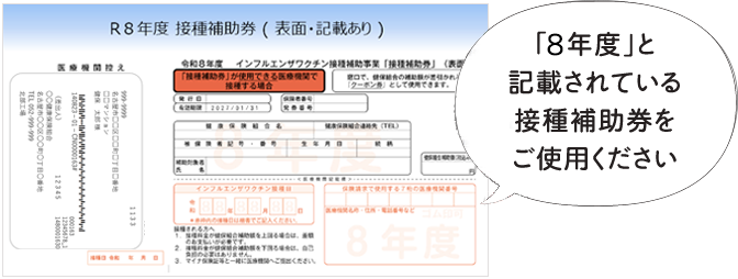 表面『接種補助券』　「6年度」と記載されている接種補助券をご使用ください